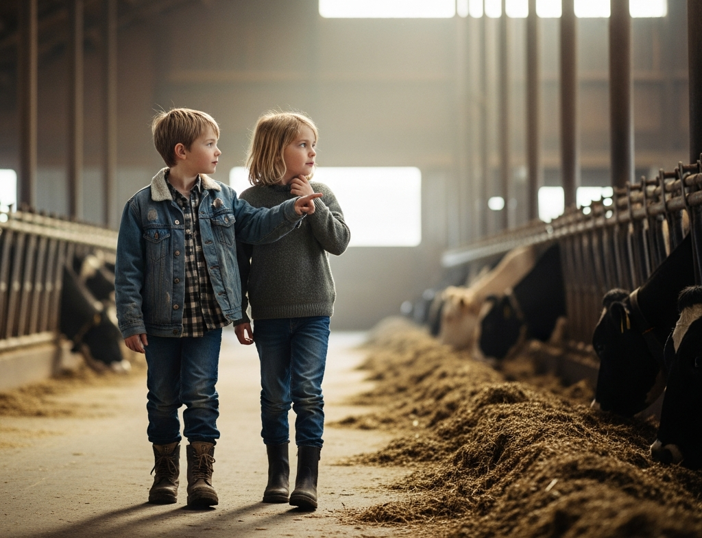 Kinderen die door een koeienstal lopen